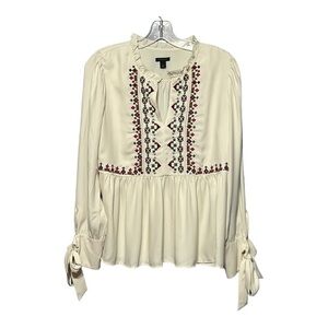 Ann Taylor Embroidered Ruffled Peplum Blouse Ivory V-Neck Boho Chic Feminine